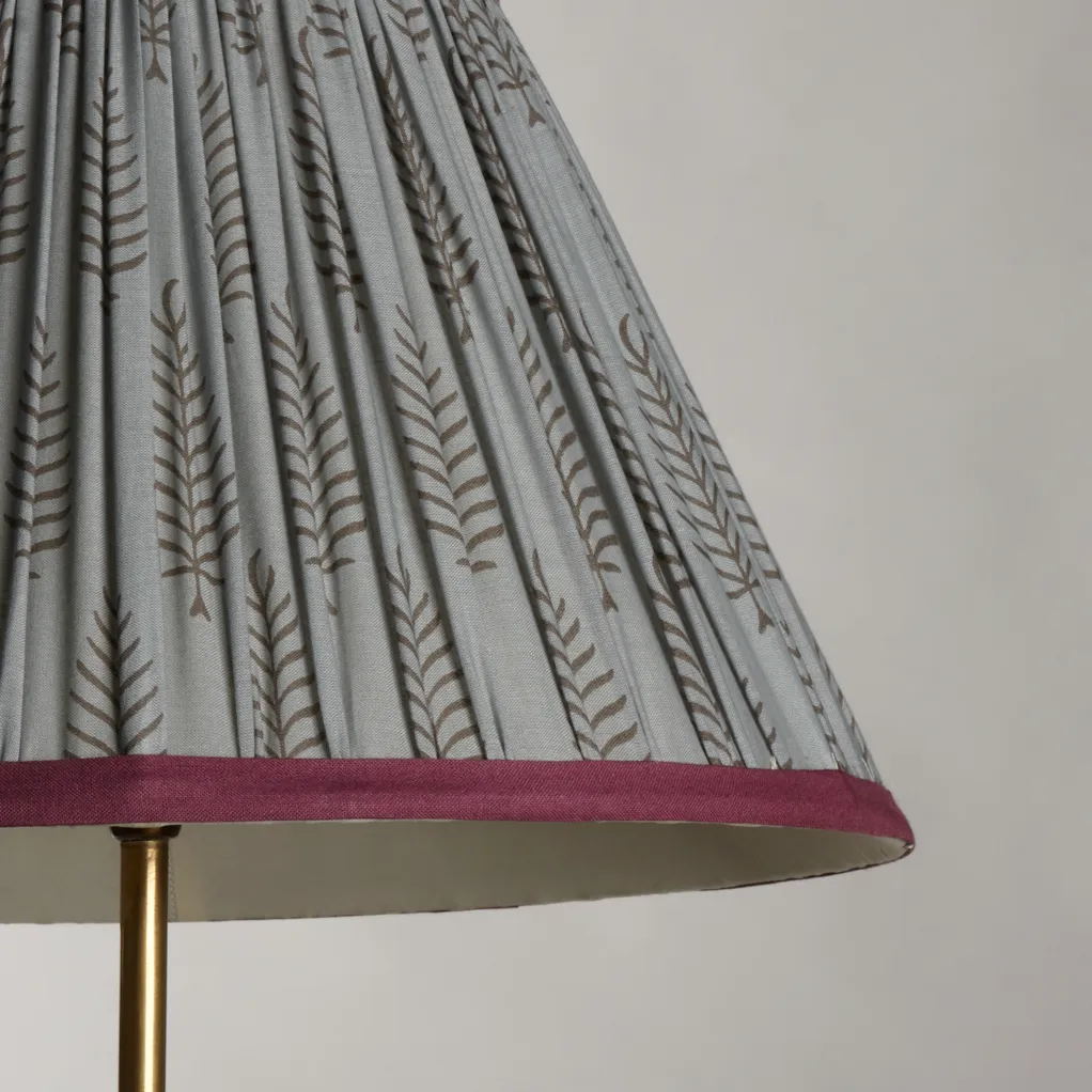 20cm empire lampshade in balinese ferns block printed cotton with pinky purple tape