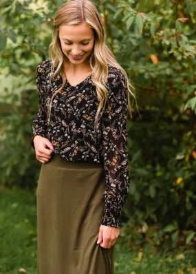 Black Floral V-Neck Blouse - FINAL SALE