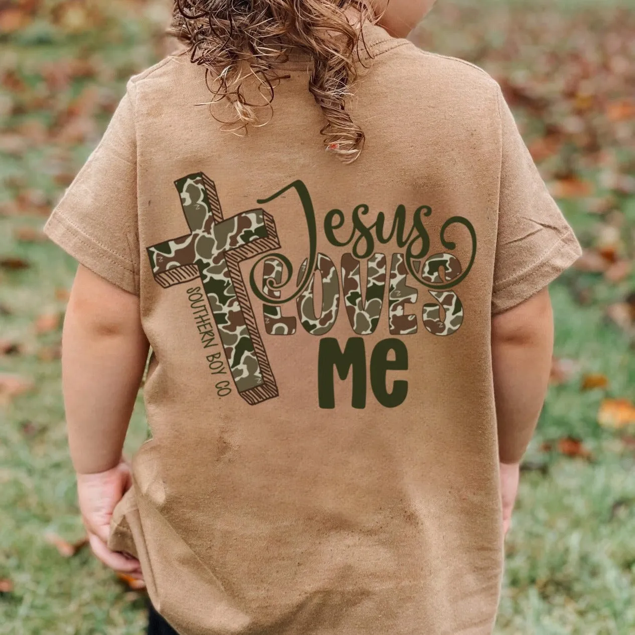 (Brown) Camo Cross Jesus Loves Me Short Sleeve Kids Tee