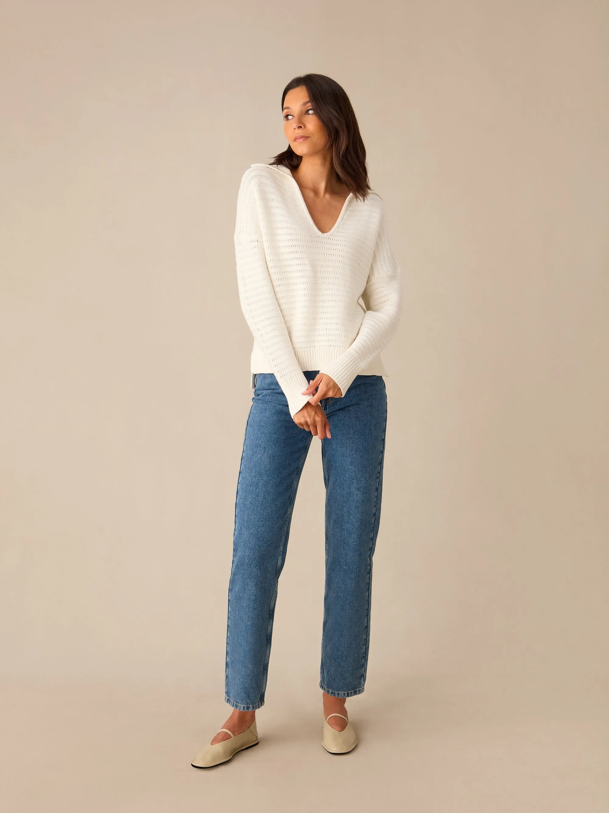 Cream Knitted Collared V-Neck Jumper