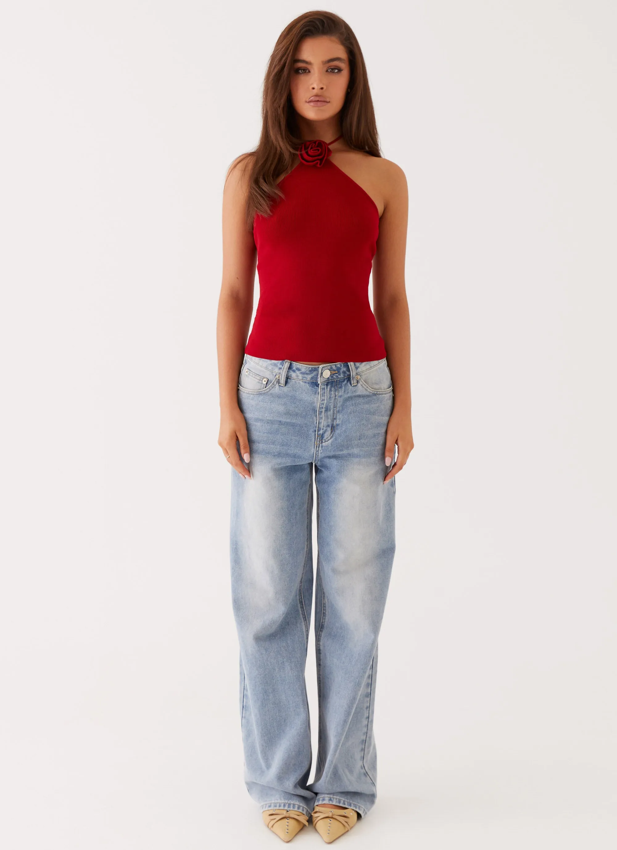 Delphi Rose Knit Top - Rouge Red