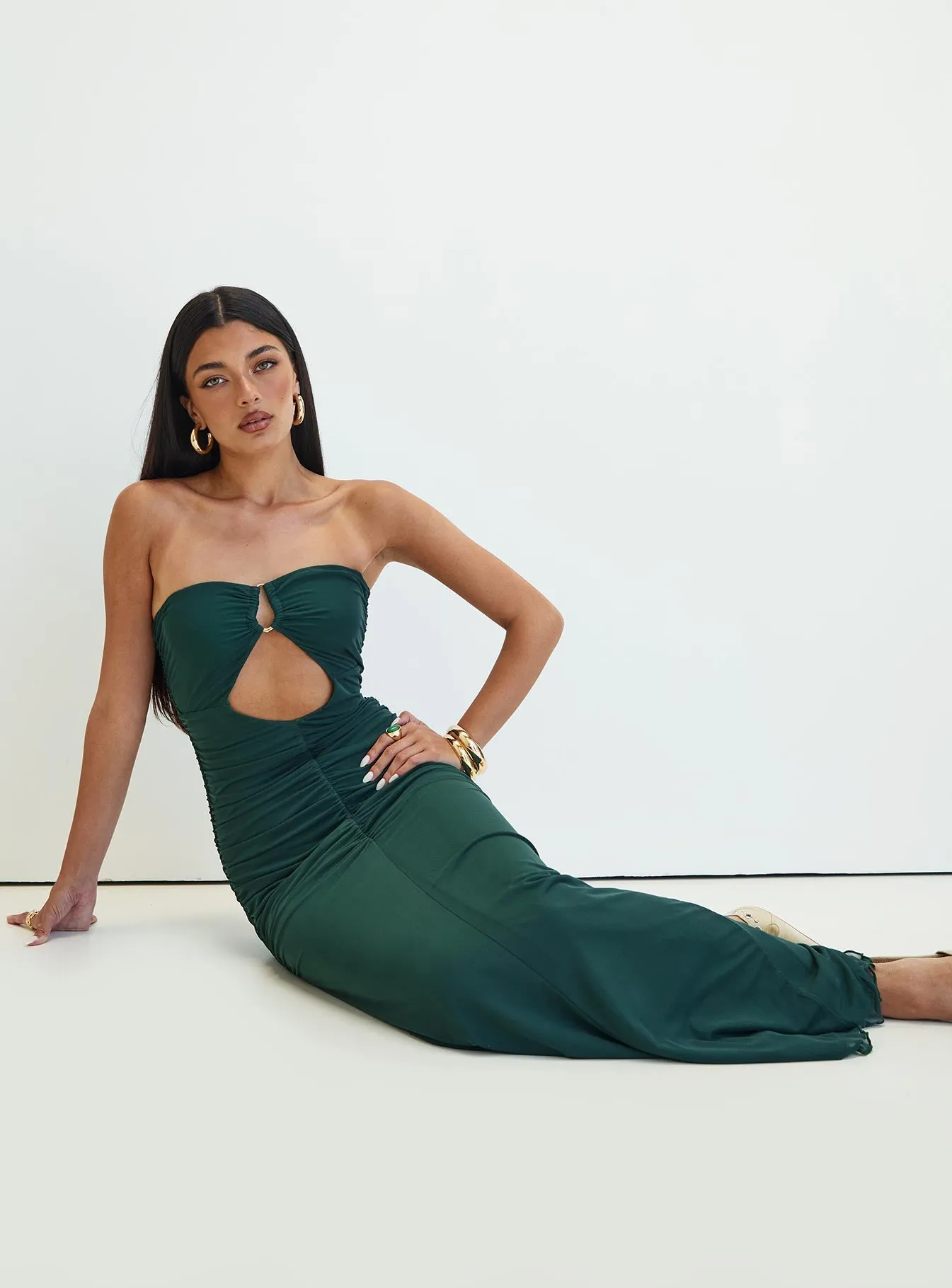 Gomeza Strapless Cut Out Maxi Dress Dark Green