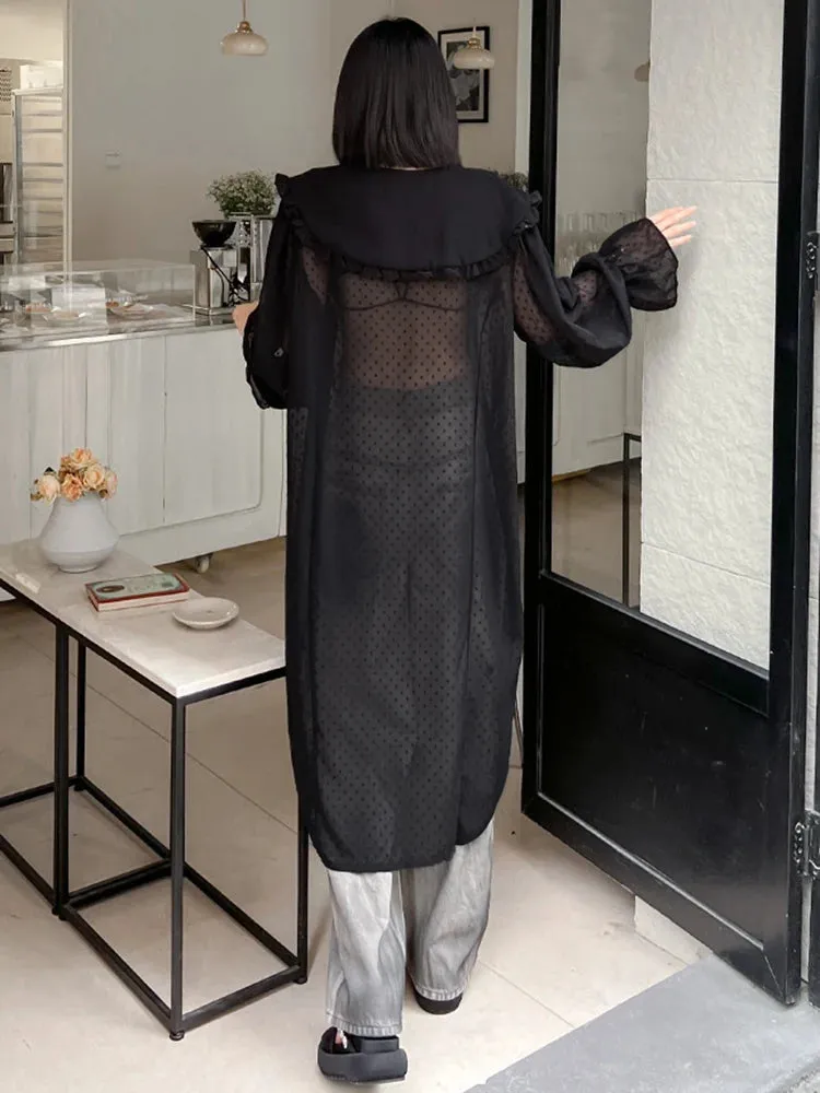 HEYFANCYSTYLE Elegant Sheer Black Dot Midi Blouse Dress