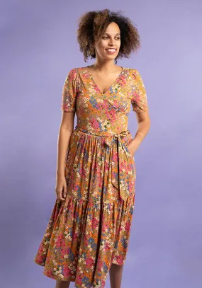 Houston Mustard Ditsy Print Tiered Hem Viscose Midi Dress