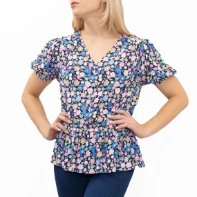 M&S Navy Blue Floral Blouse Elasticated Waist Short Sleeve V-Neckline Tops