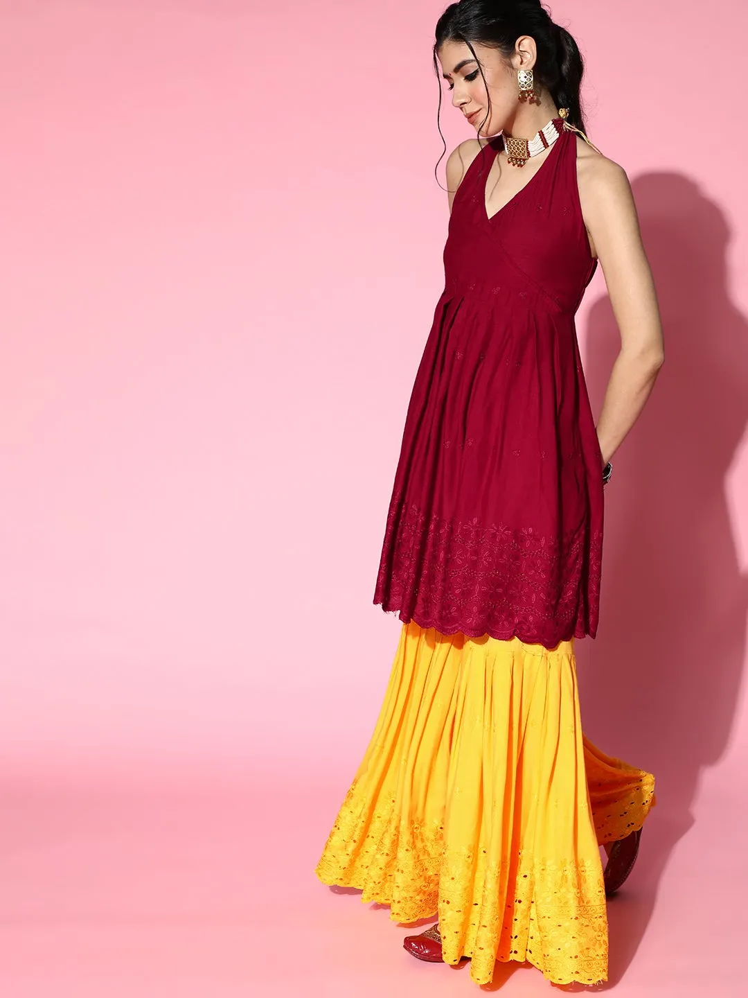 Maroon Mustard Backless Sharara Set