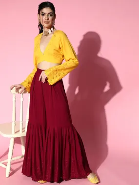 Mustard Maroon Backless Kurta Sharara Set