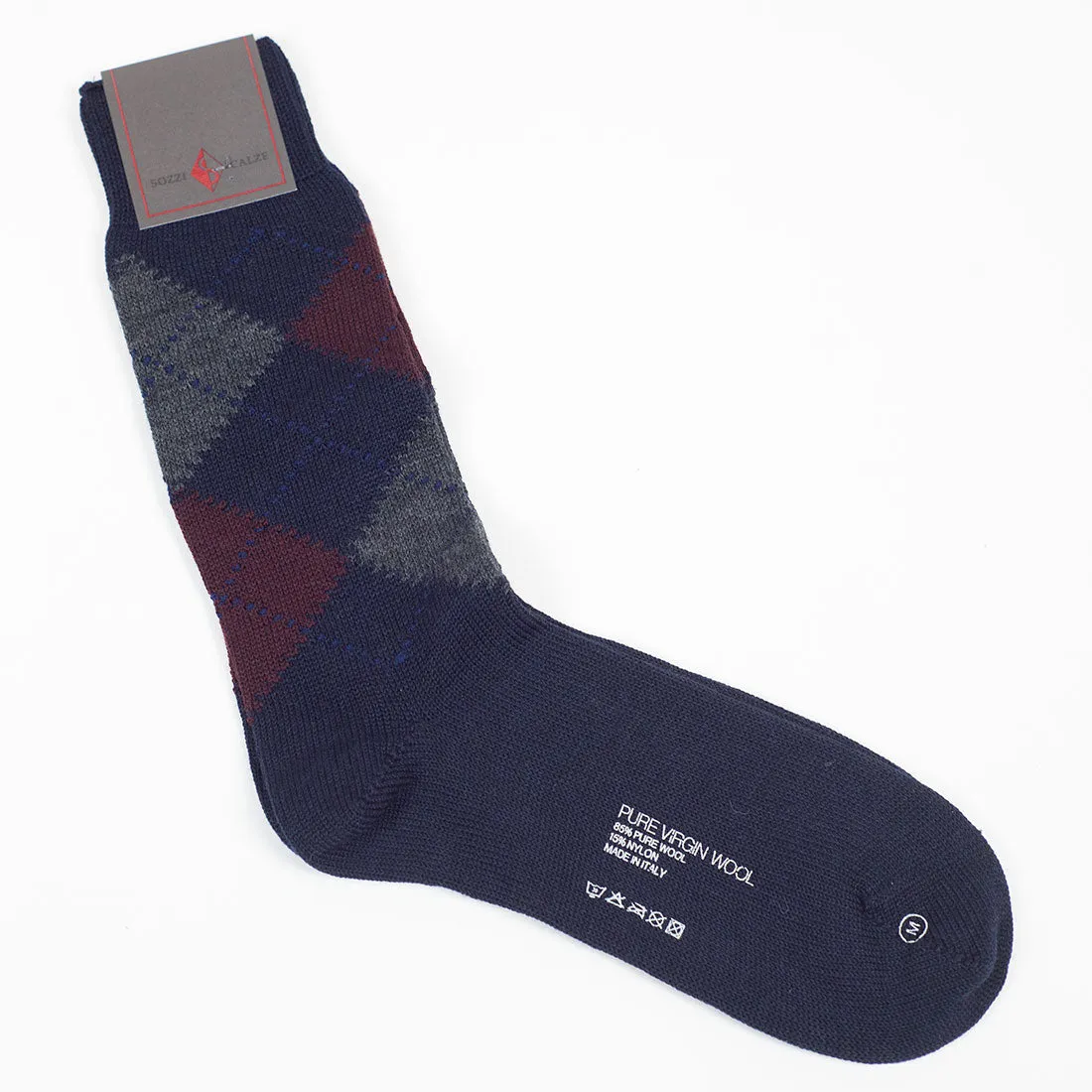 Navy, burgundy and grey argyle wool socks