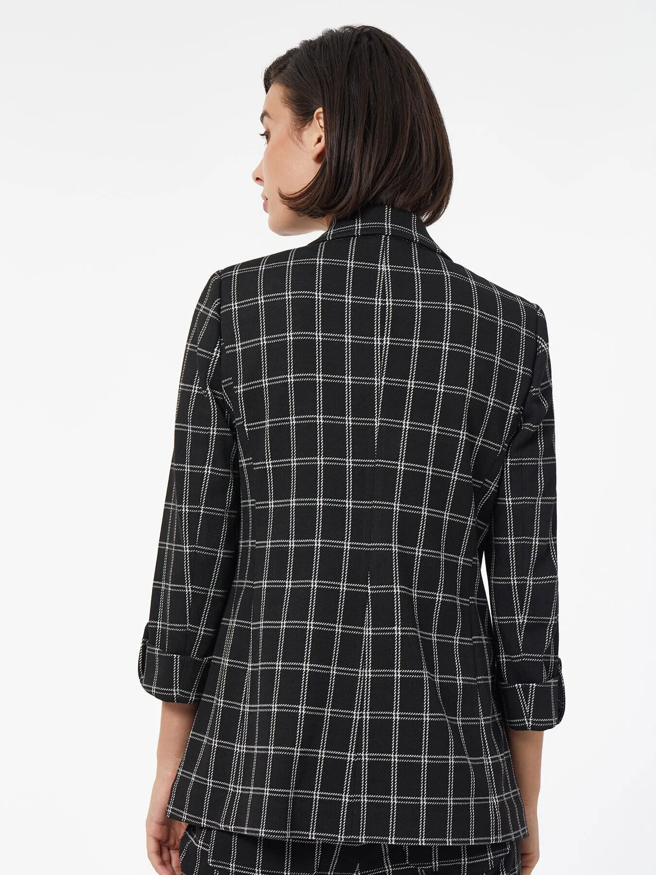 Ponte Plaid Wing Collar Rolled Tab Blazer