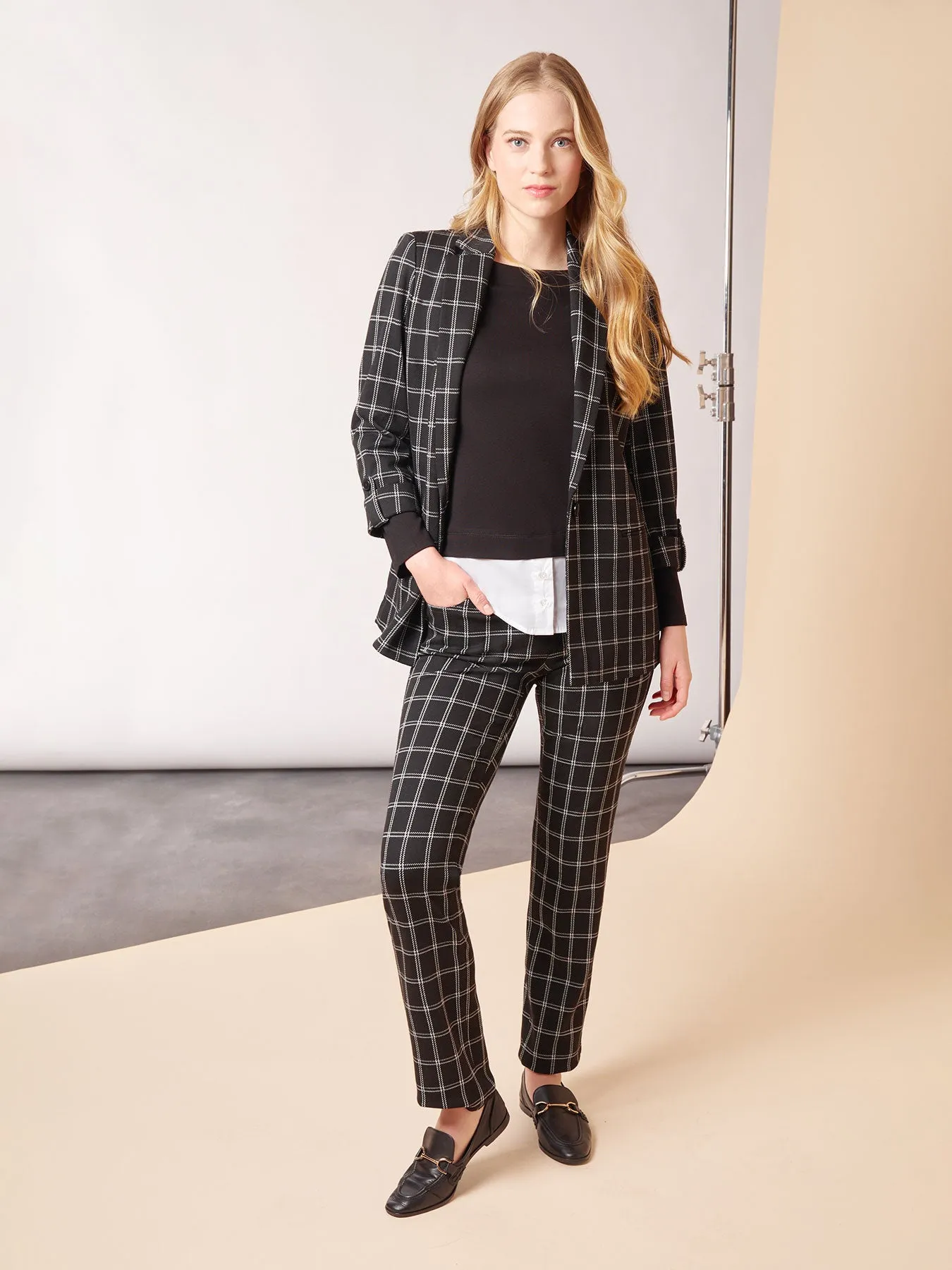 Ponte Plaid Wing Collar Rolled Tab Blazer