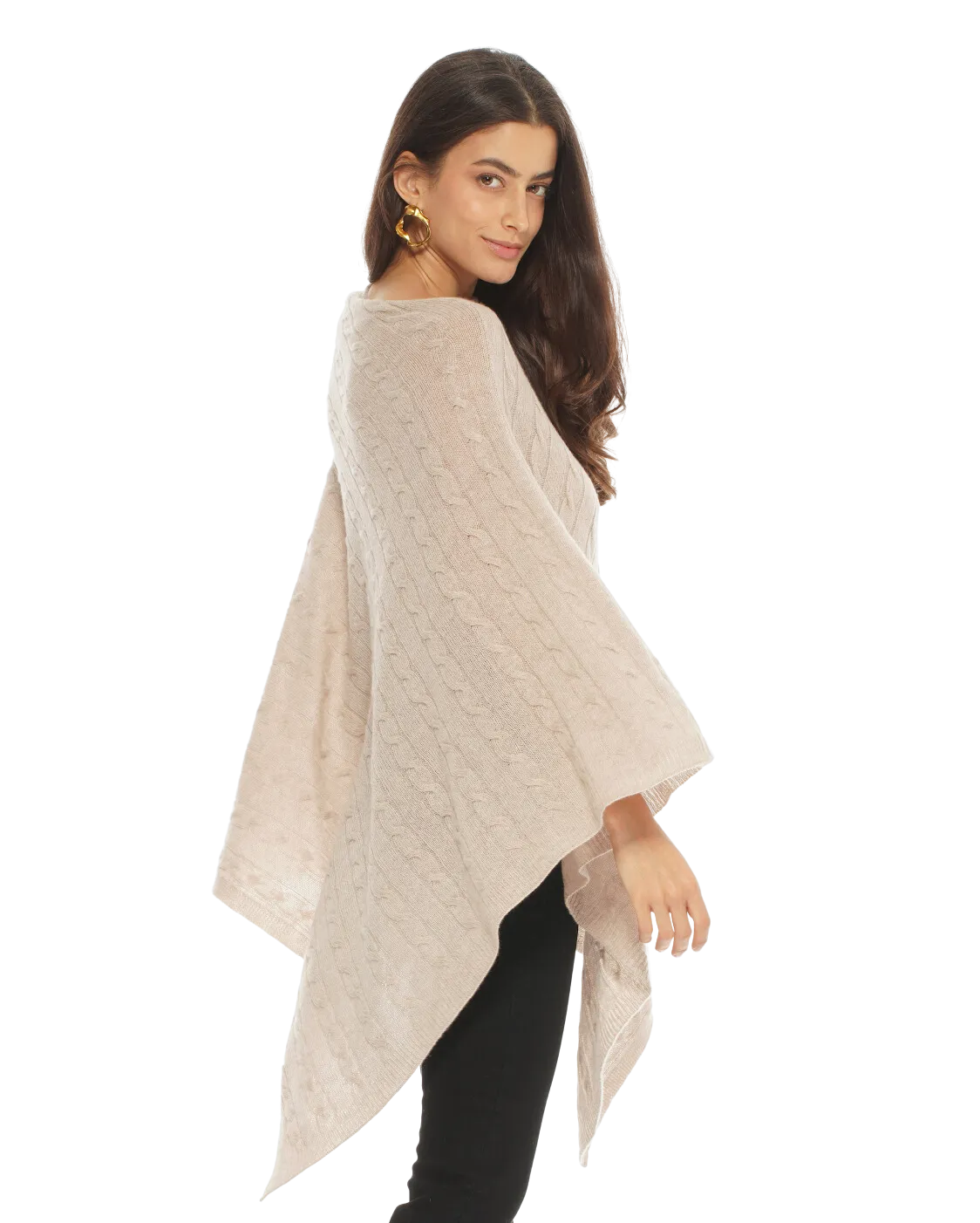 Pure Cashmere Cable Knit Poncho Beige