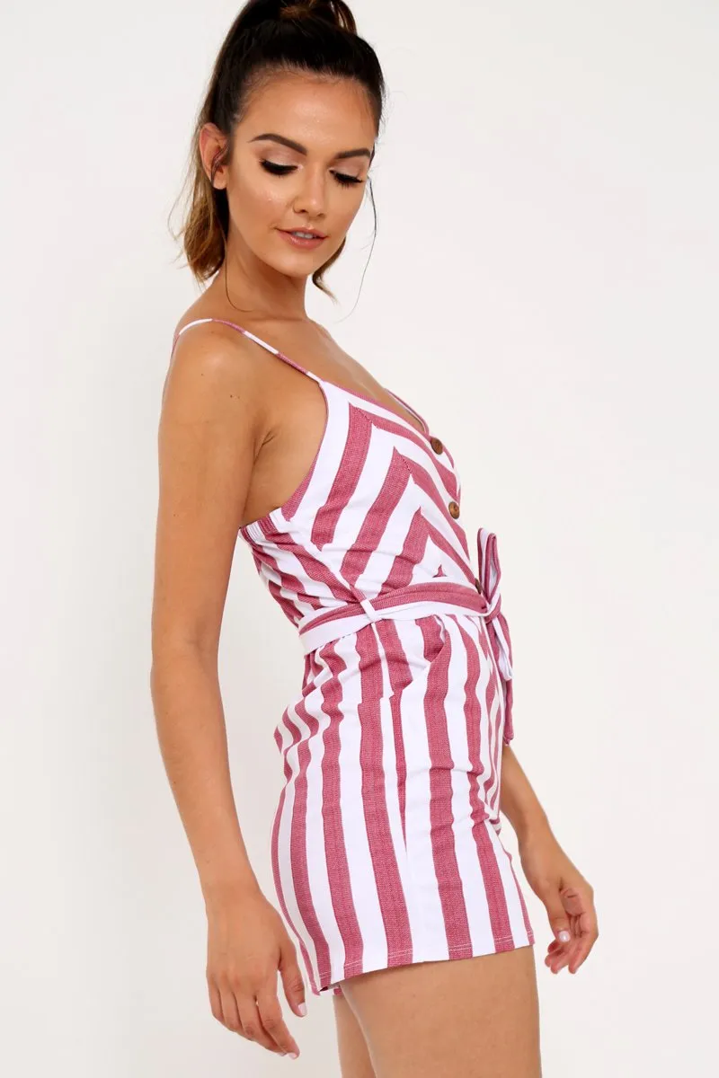 Red And White Tie Button Front Playsuit - Alanni