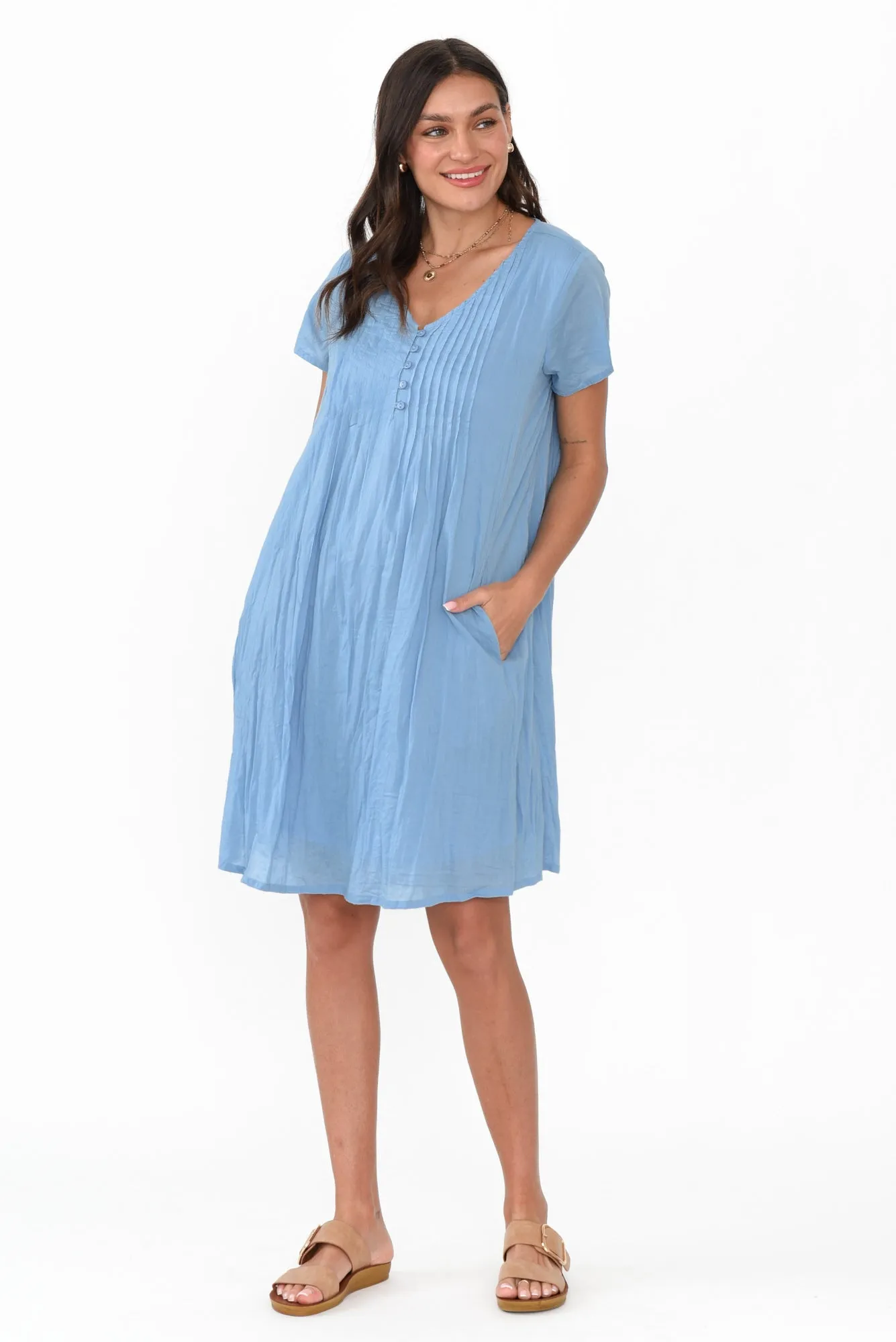 Sabina Light Blue Crinkle Cotton Dress