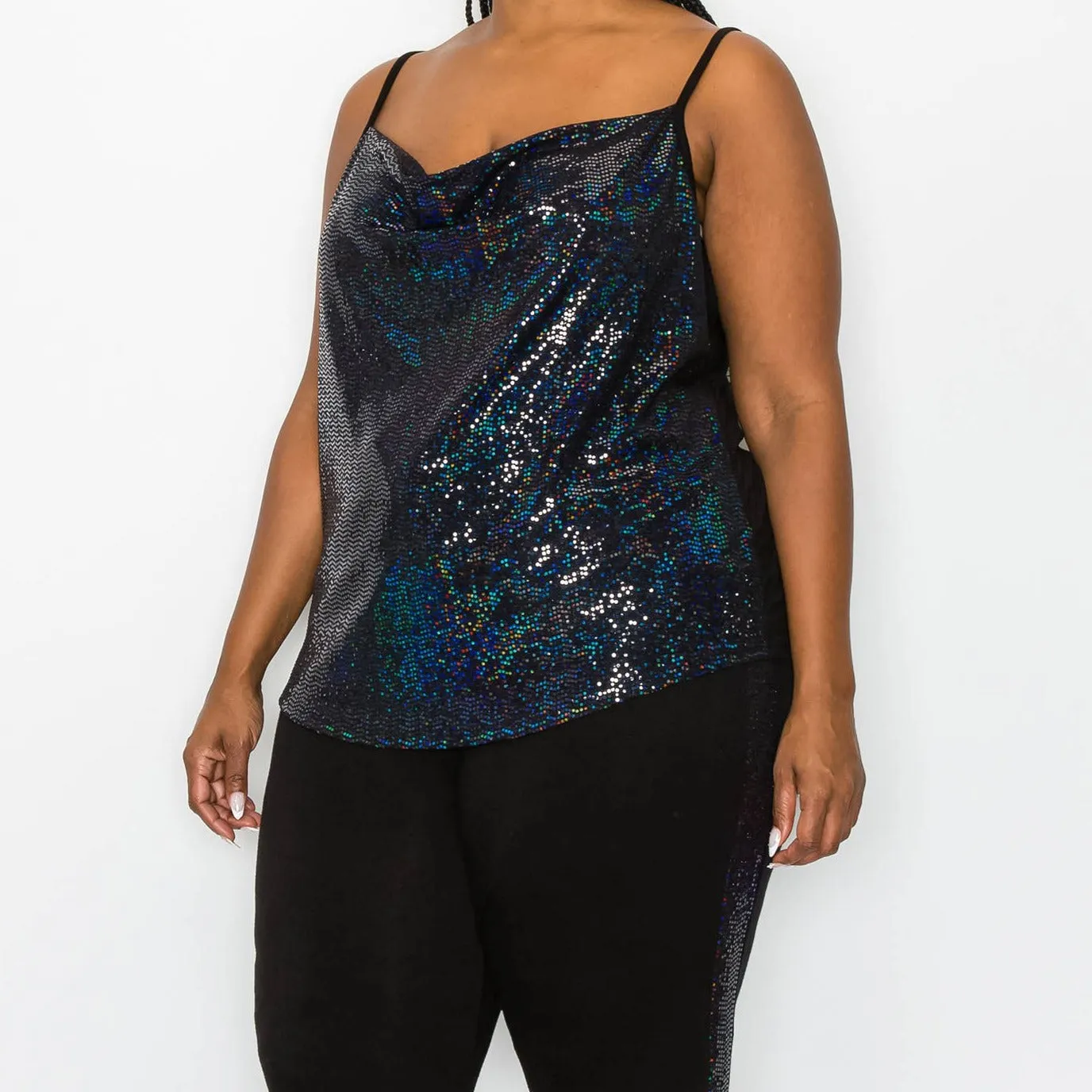 SEQUIN DRAPE NECK CAMI CURVY