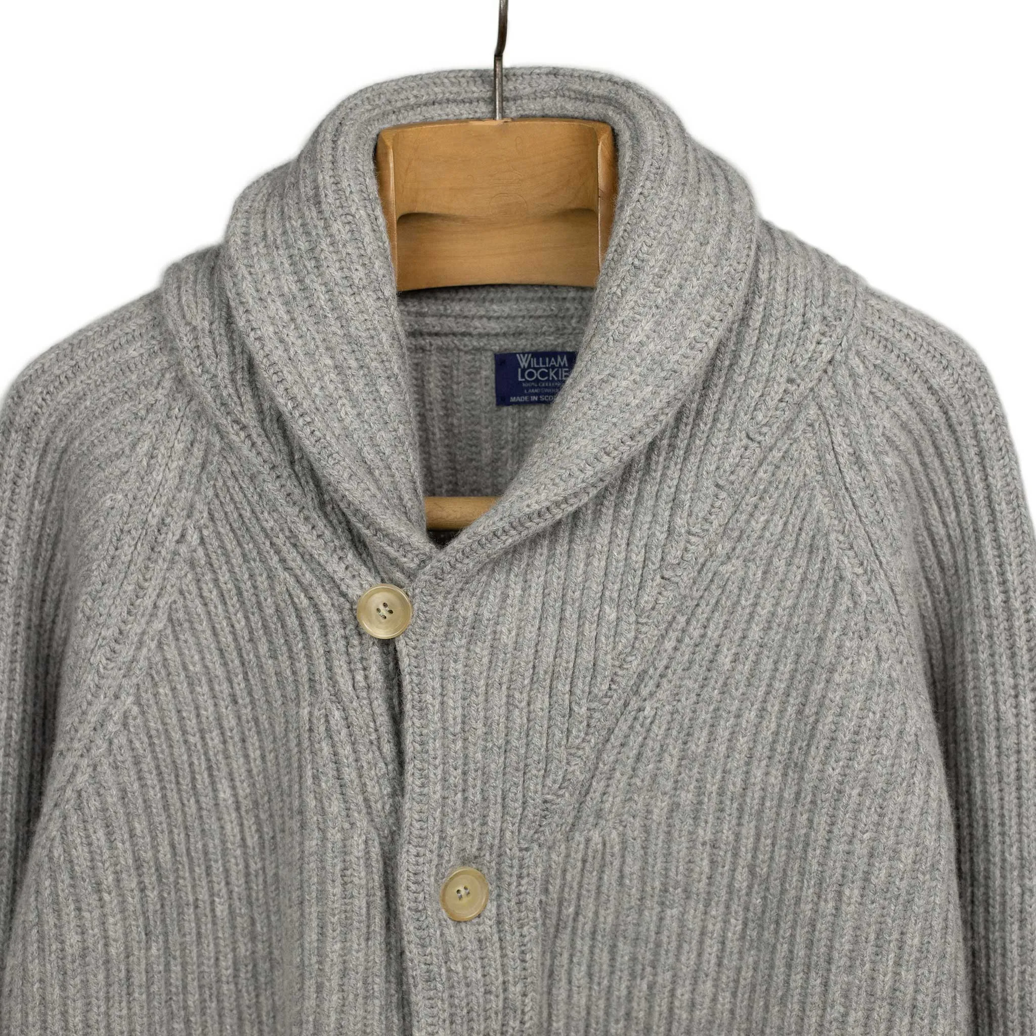 Shawl collar 4-ply cardigan jacket in Flannel grey supergeelong lambswool