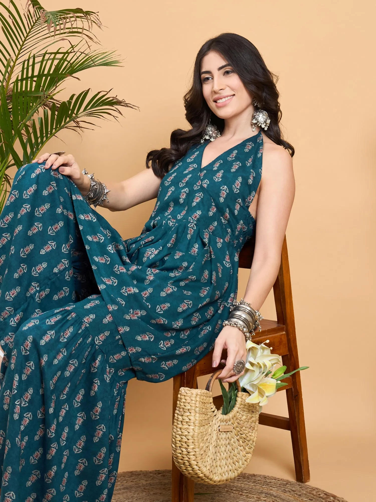 Teal Booti Rapid Print Backless Kurta Sharara Set