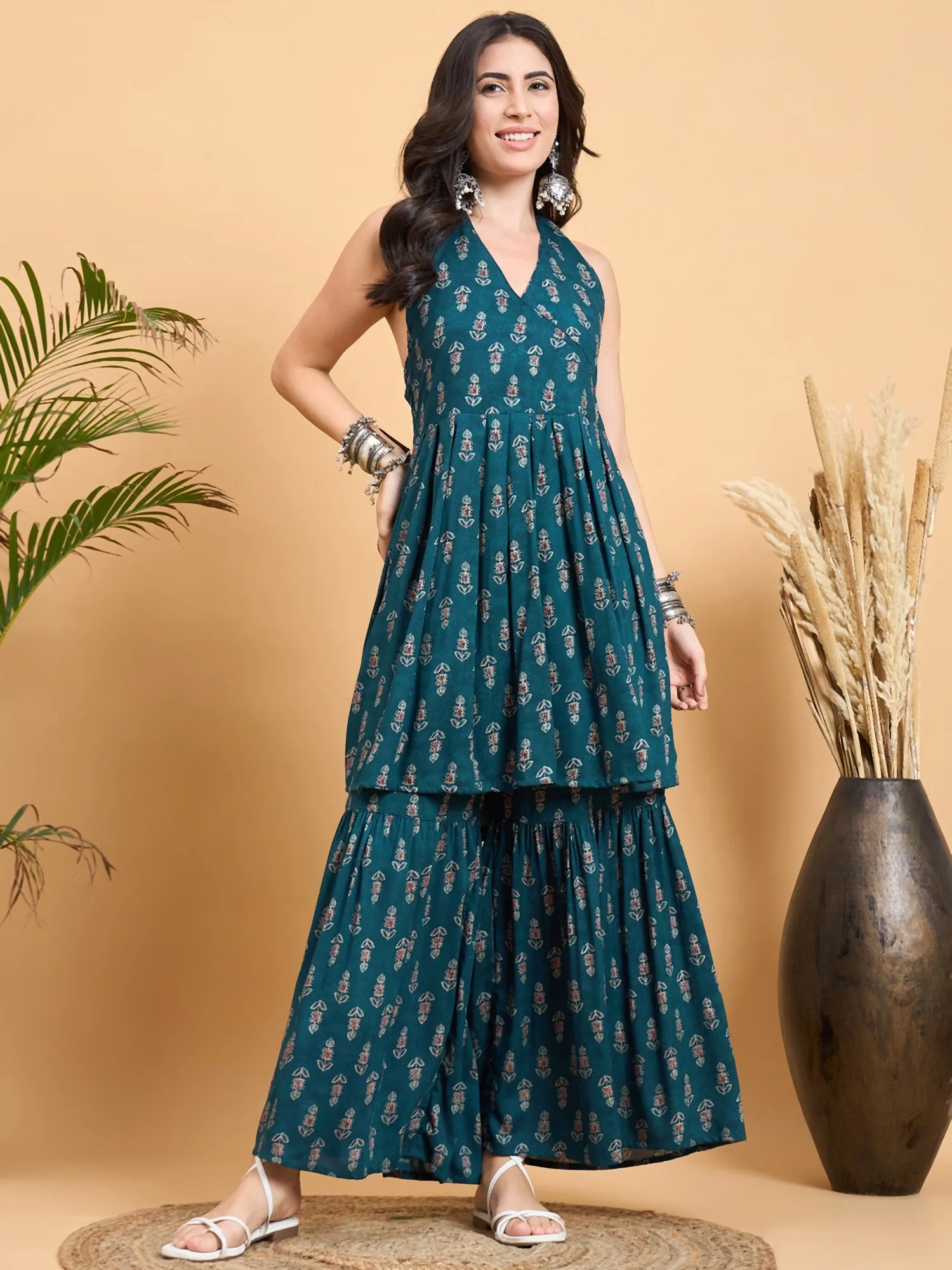 Teal Booti Rapid Print Backless Kurta Sharara Set