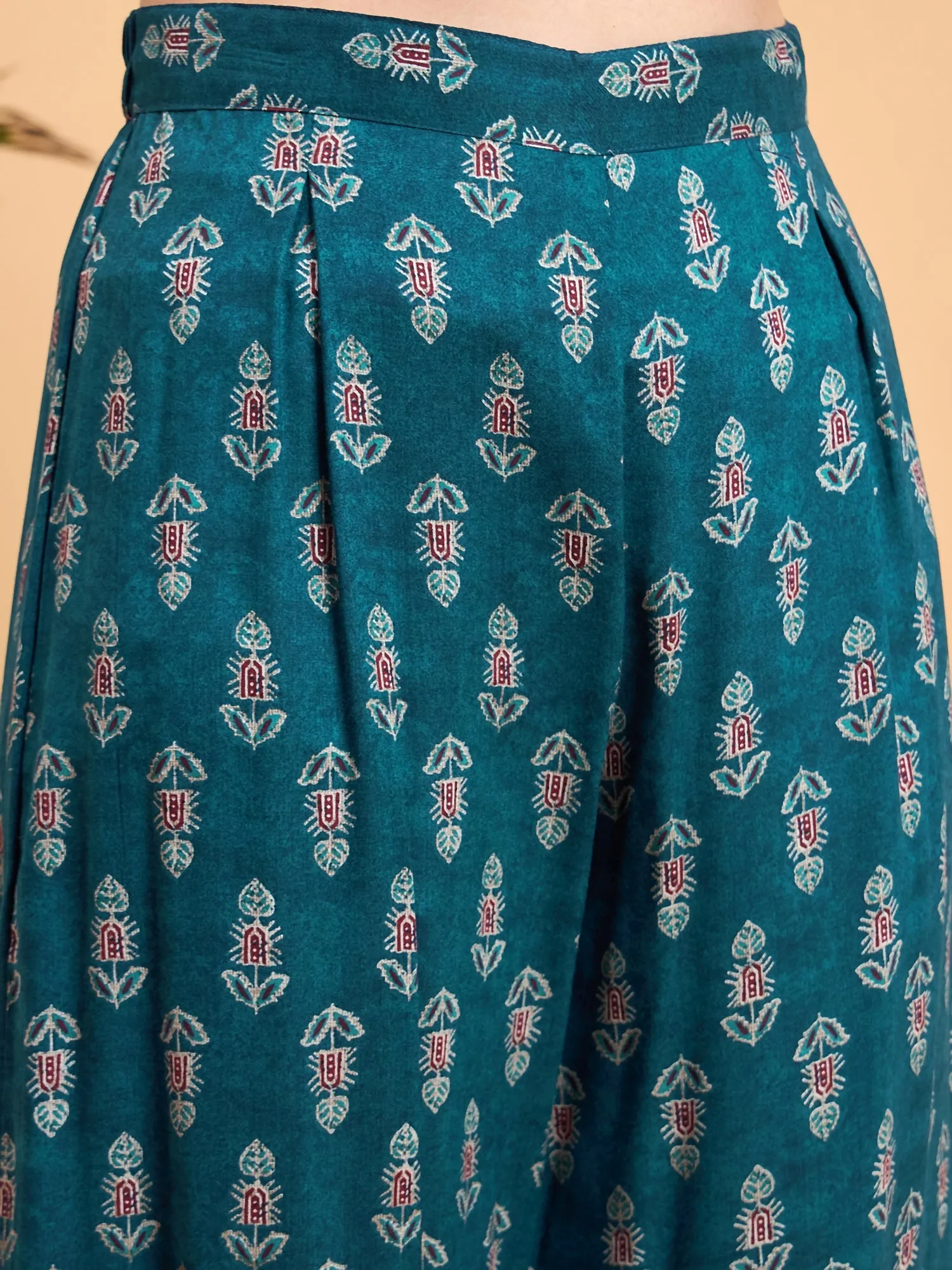 Teal Booti Rapid Print Backless Kurta Sharara Set