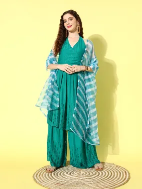 Teal Lace Work Backless Kurta Sharara Set With Lehariya Dupatta