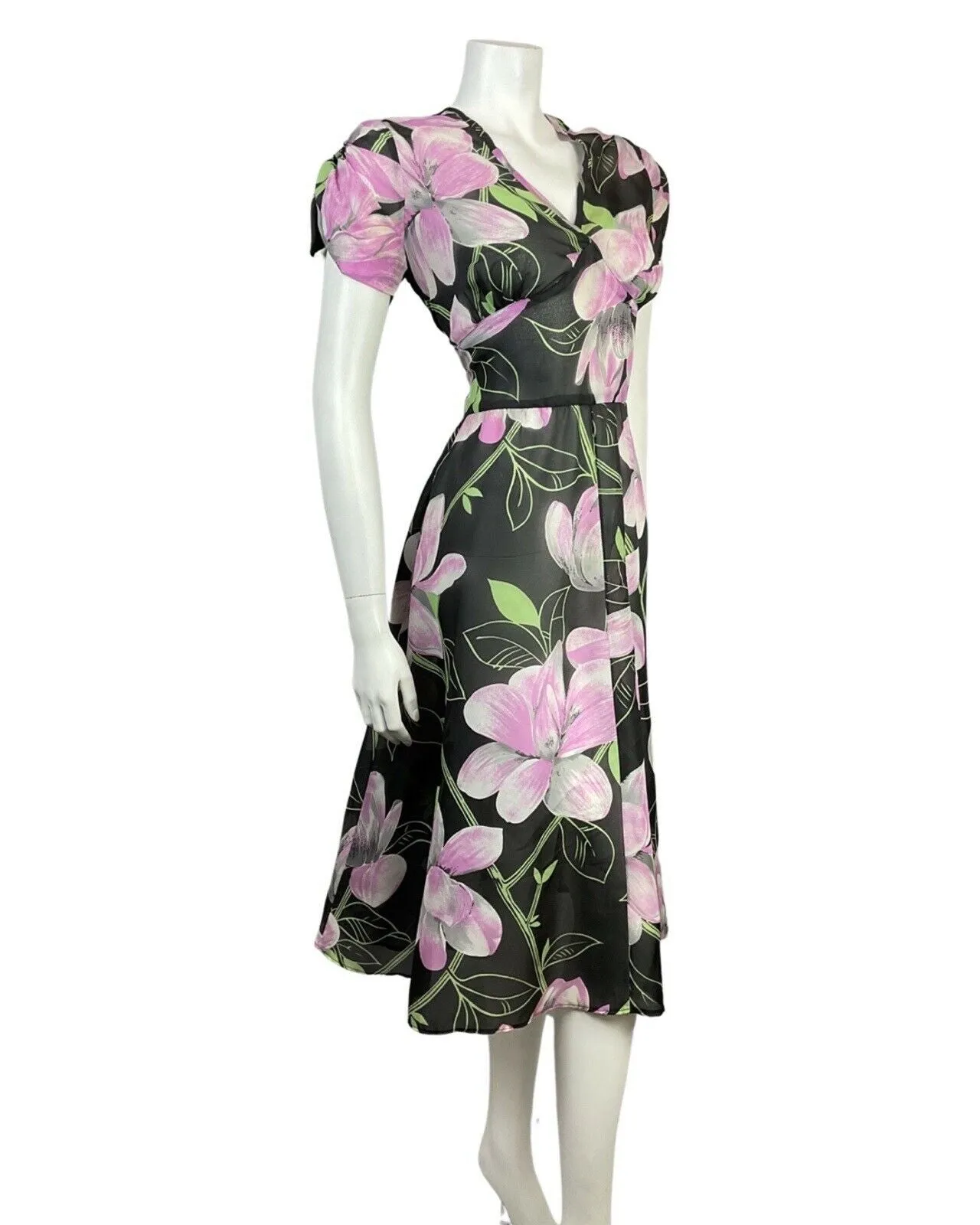 VINTAGE 60s 70s BLACK GREY PURPLE FLORAL SHEER SWING DRESS 12