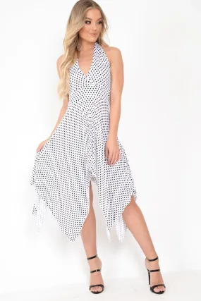 White Polka Dot Halterneck Tiered Hem Dress - Cailie