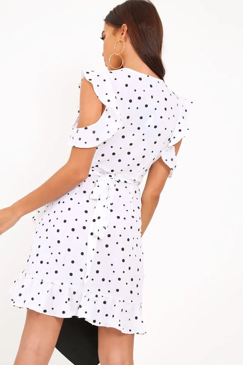 White Polka Dot Wrap Over Frill Dress - Wisdom