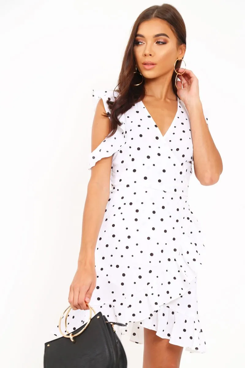 White Polka Dot Wrap Over Frill Dress - Wisdom