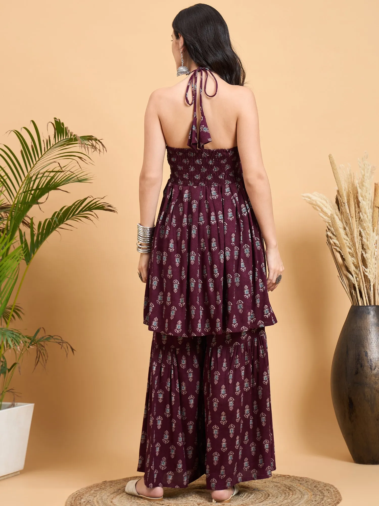 Wine Booti Rapid Print Backless Kurta Sharara Set