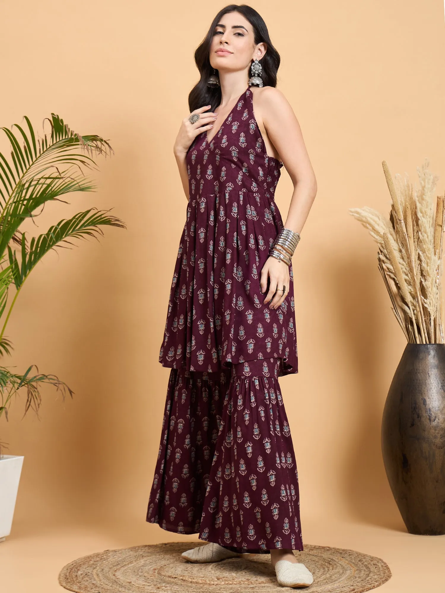 Wine Booti Rapid Print Backless Kurta Sharara Set