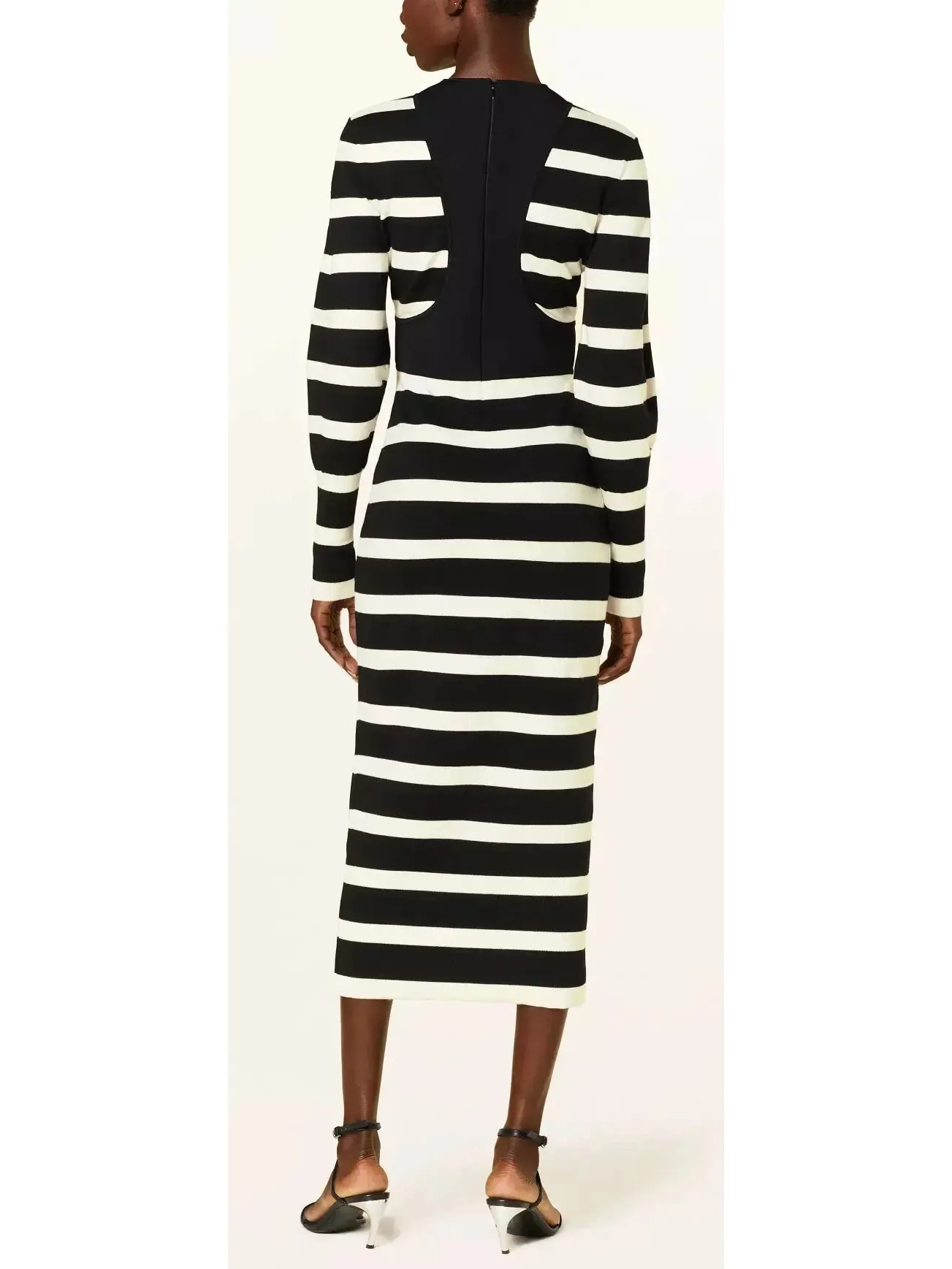 Women’s Black and White Striped Wool-Blend Midi Dress