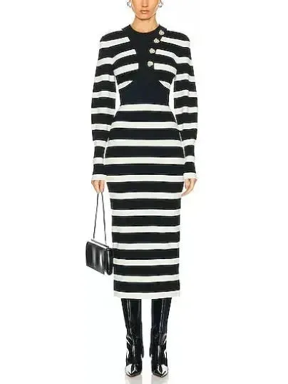 Women’s Black and White Striped Wool-Blend Midi Dress