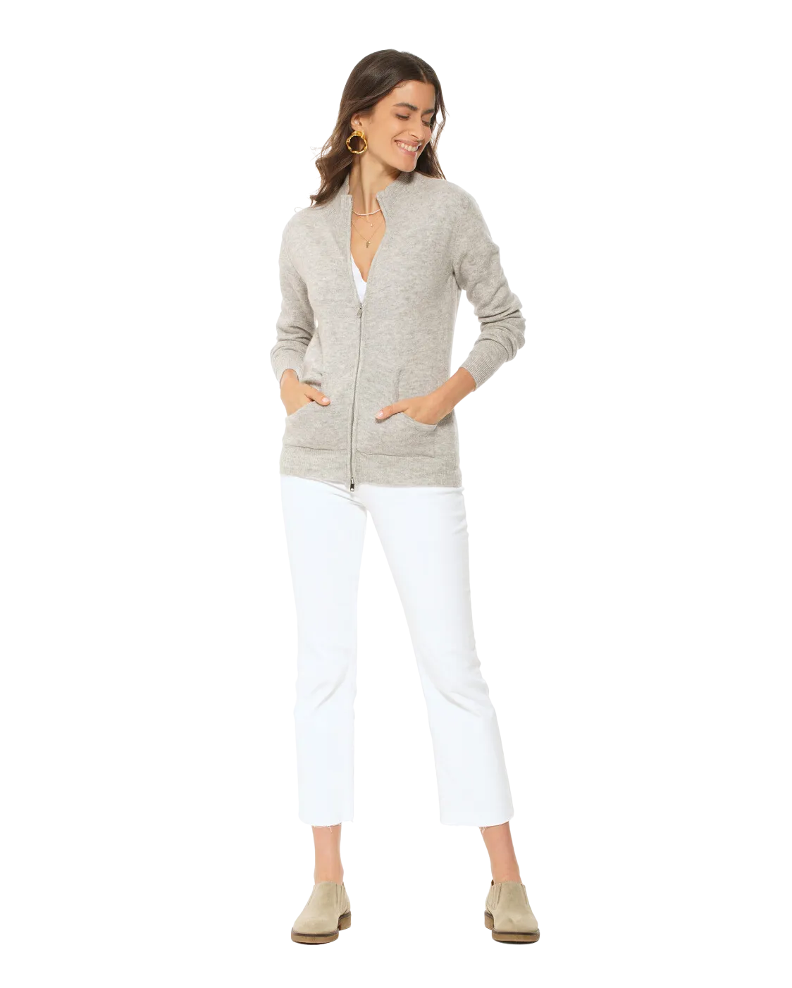 Women's Cashmere Zip Cardigan Light Grey