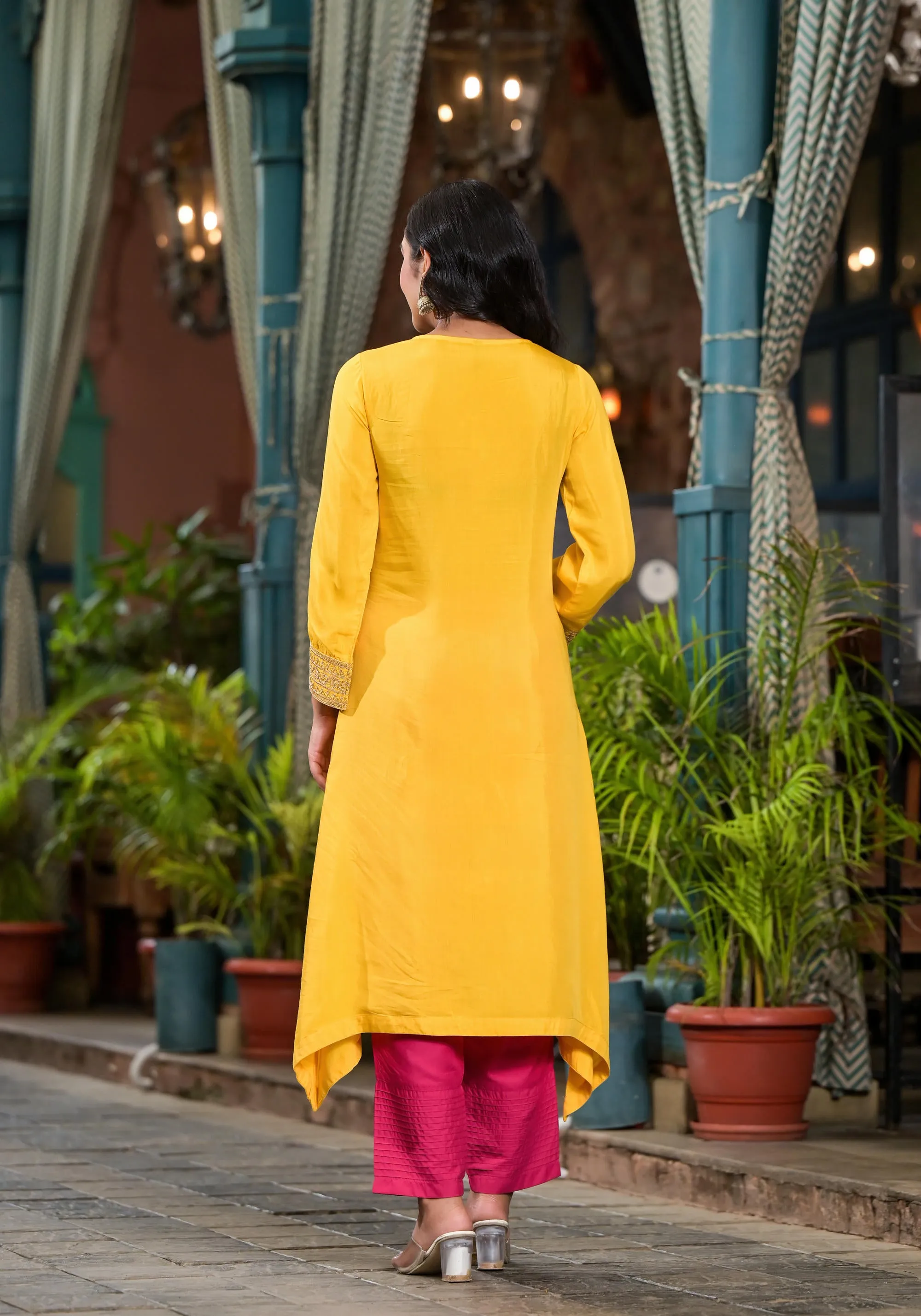 Yellow Solid Viscose Kurta & Pant Set With Zari Work & Sequins