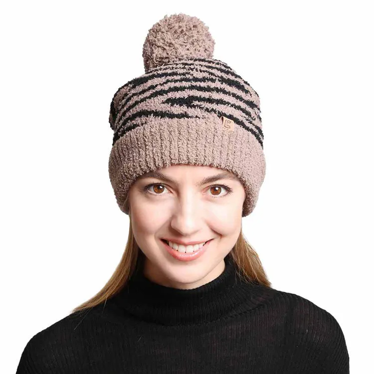 Zebra Lined Pom Pom Beanie Hats